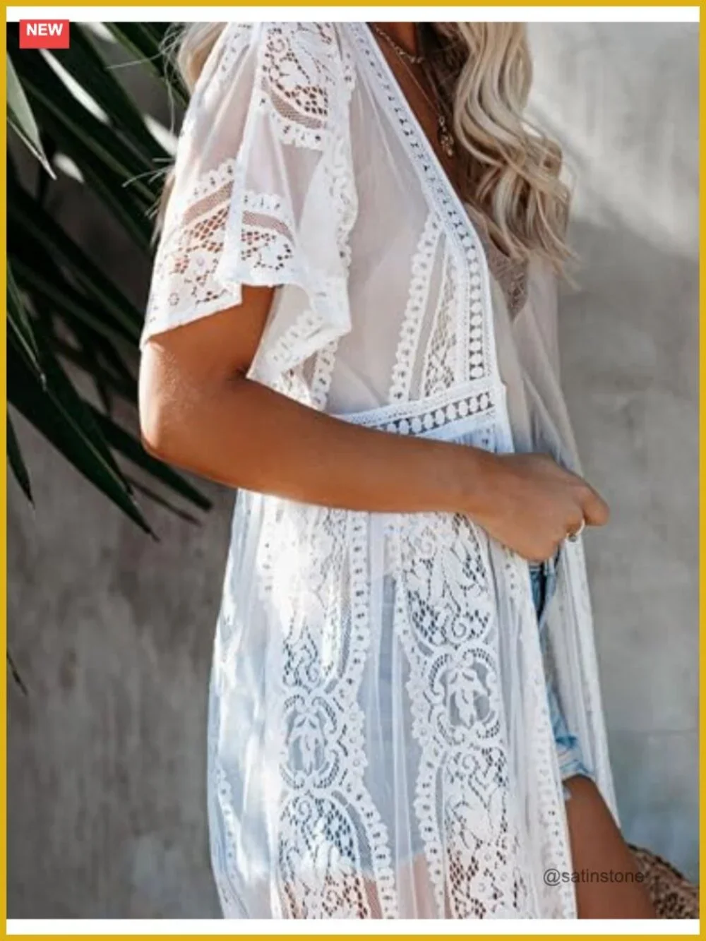 Short Sleeve Lace Kimono Cover Up with Belt Boho Chiffon Beach Cardigan